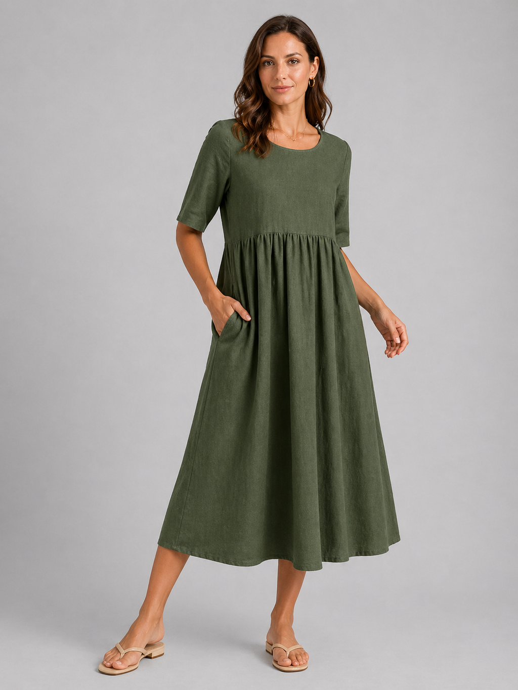 Women's Breathable Linen Cotton Midi Dress