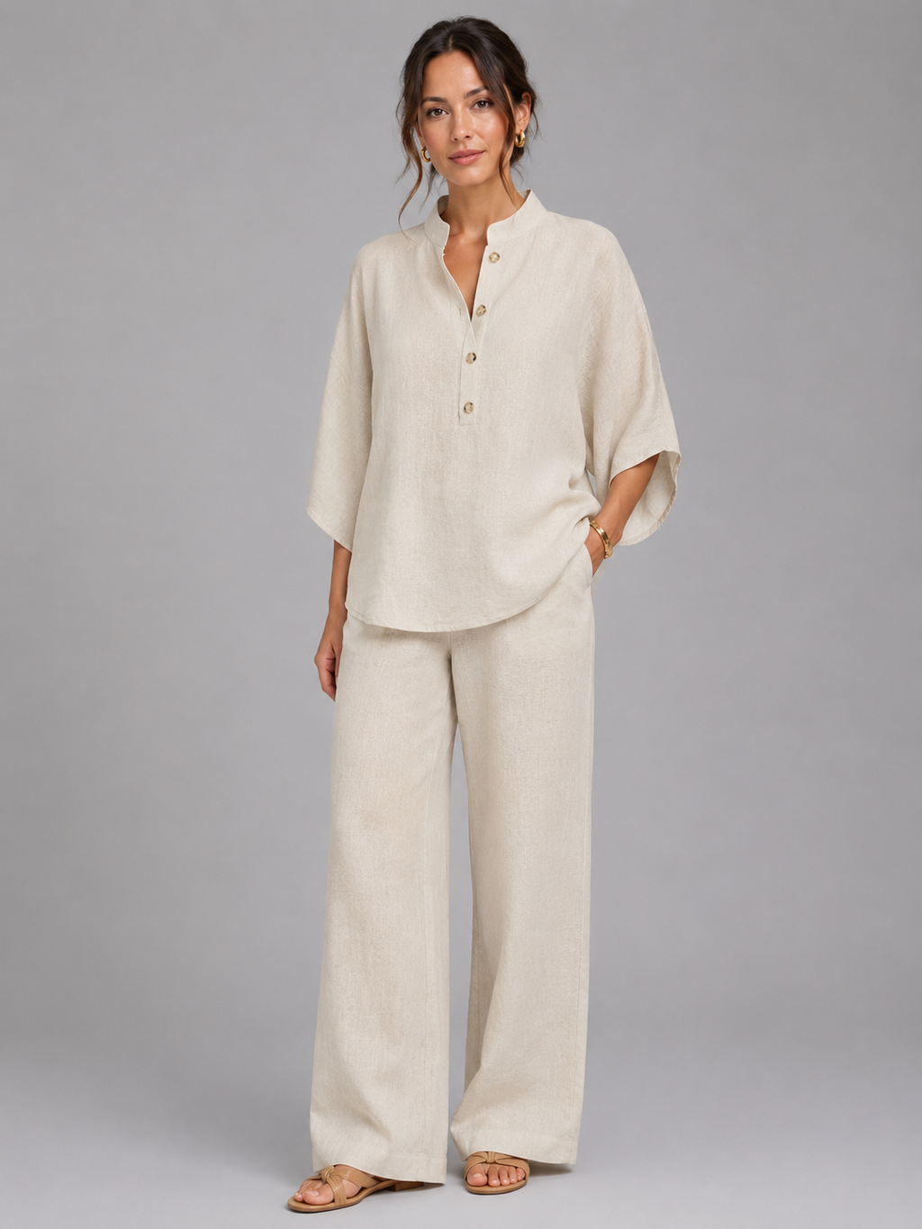 Women's Linen Blend Two-Piece Set with Wide-Leg Trousers