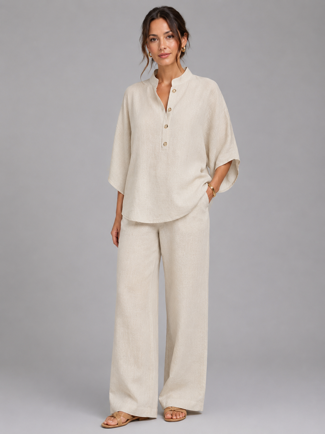 Women's Linen Blend Two-Piece Set with Wide-Leg Trousers