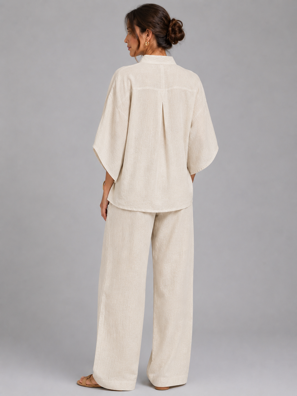 Women's Linen Blend Two-Piece Set with Wide-Leg Trousers
