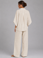 Women's Linen Blend Two-Piece Set with Wide-Leg Trousers