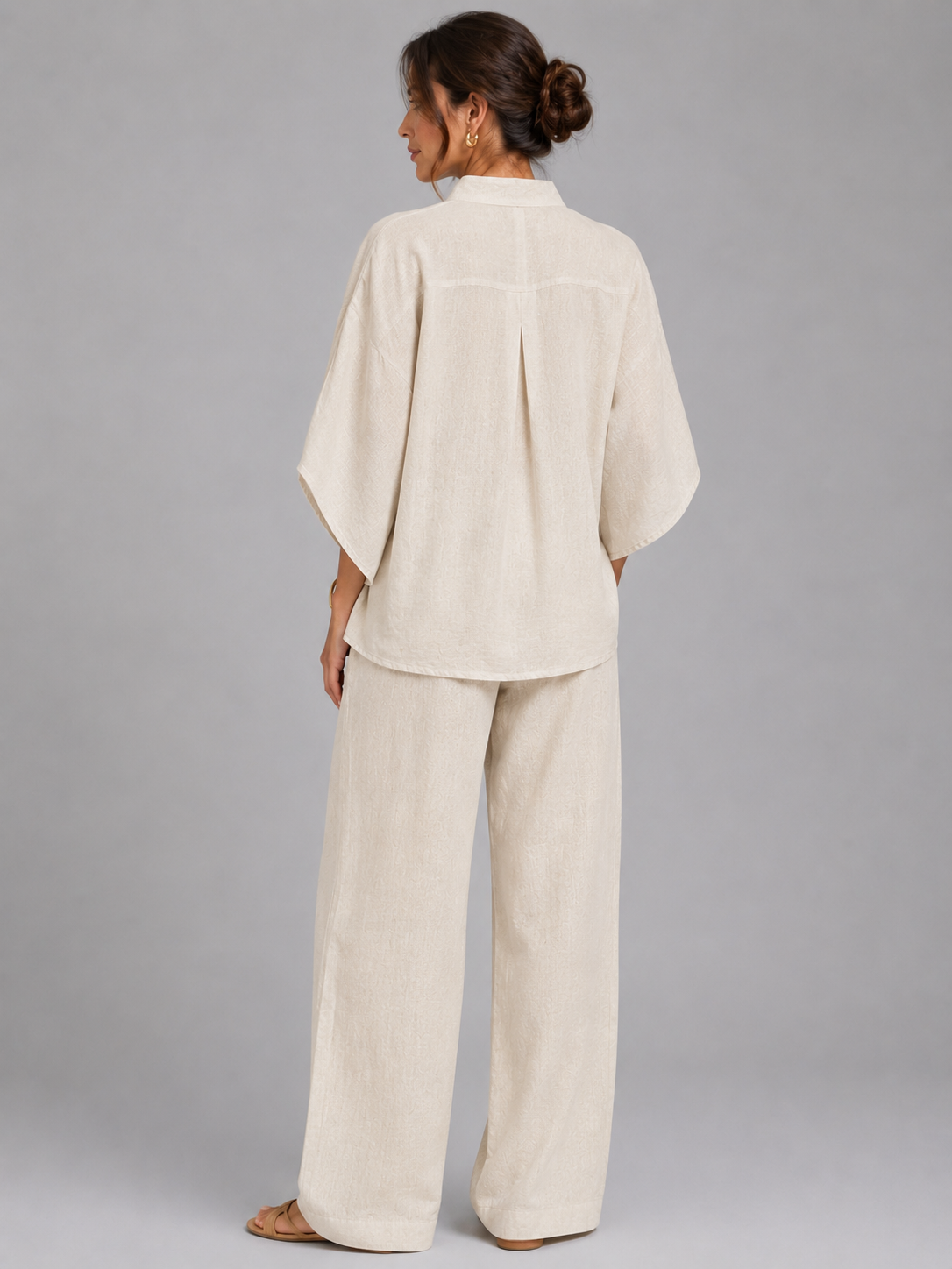 Women's Linen Blend Two-Piece Set with Wide-Leg Trousers