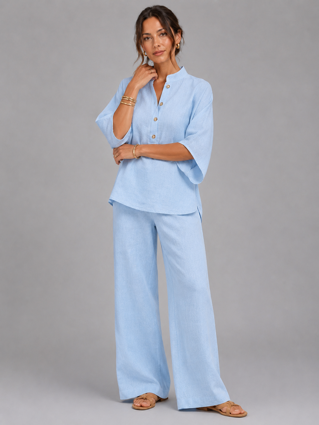 Women's Linen Blend Two-Piece Set with Wide-Leg Trousers
