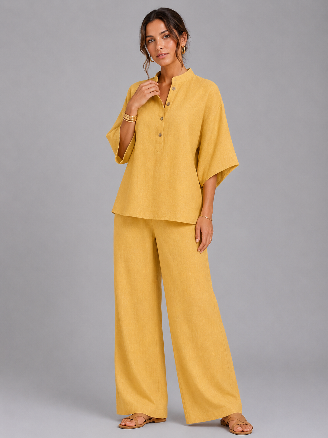 Women's Linen Blend Two-Piece Set with Wide-Leg Trousers