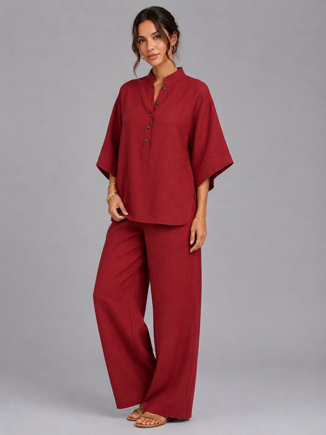 Women's Linen Blend Two-Piece Set with Wide-Leg Trousers