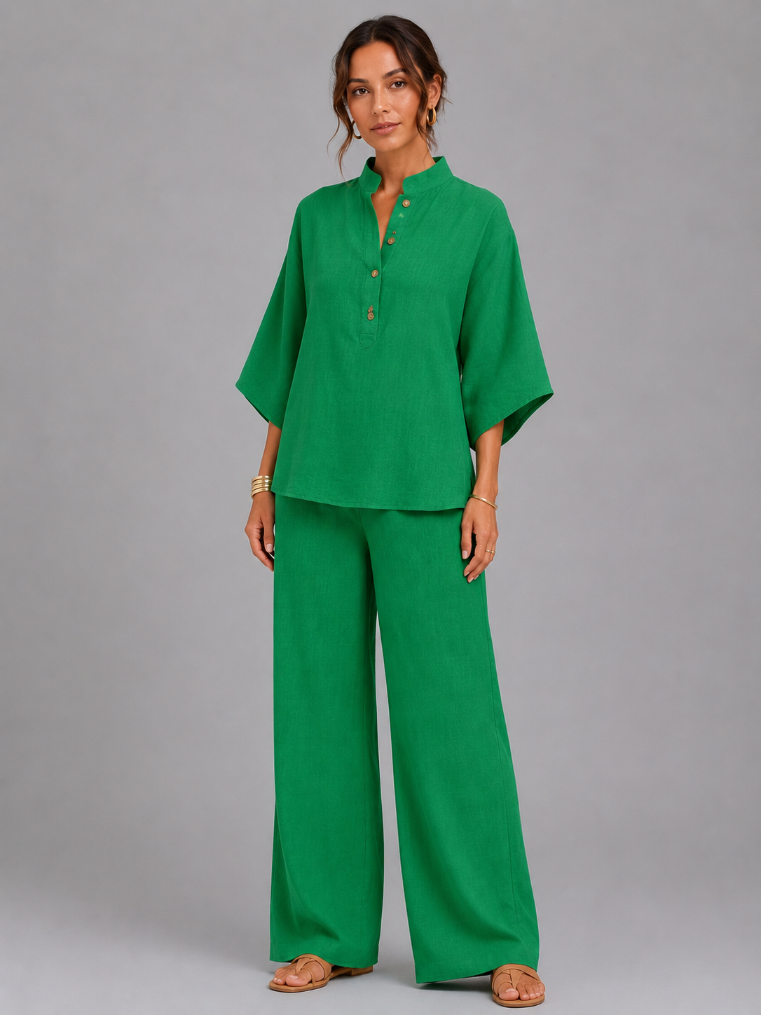 Women's Linen Blend Two-Piece Set with Wide-Leg Trousers