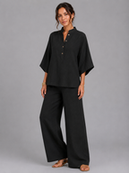 Women's Linen Blend Two-Piece Set with Wide-Leg Trousers
