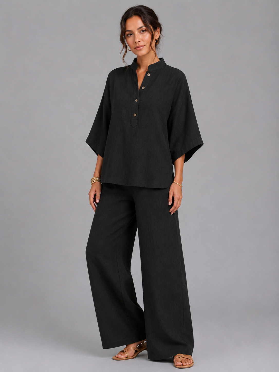 Women's Linen Blend Two-Piece Set with Wide-Leg Trousers
