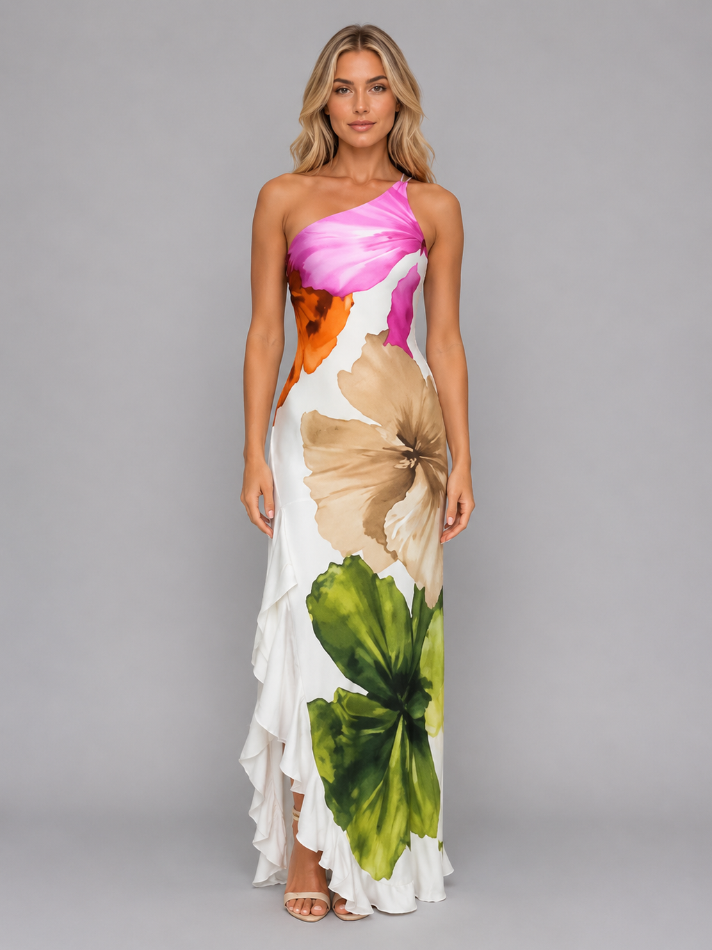 Women's One-Shoulder Floral Maxi Dress with Ruffle Hem