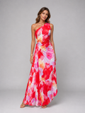 Women's One-Shoulder Pleated Maxi Dress with Floral Print