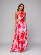 Women's One-Shoulder Pleated Maxi Dress with Floral Print