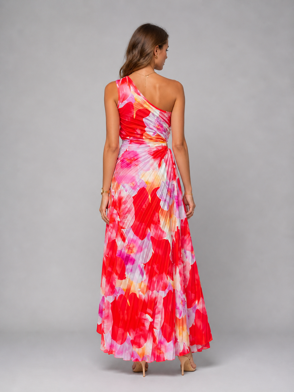 Women's One-Shoulder Pleated Maxi Dress with Floral Print