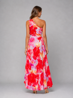 Women's One-Shoulder Pleated Maxi Dress with Floral Print
