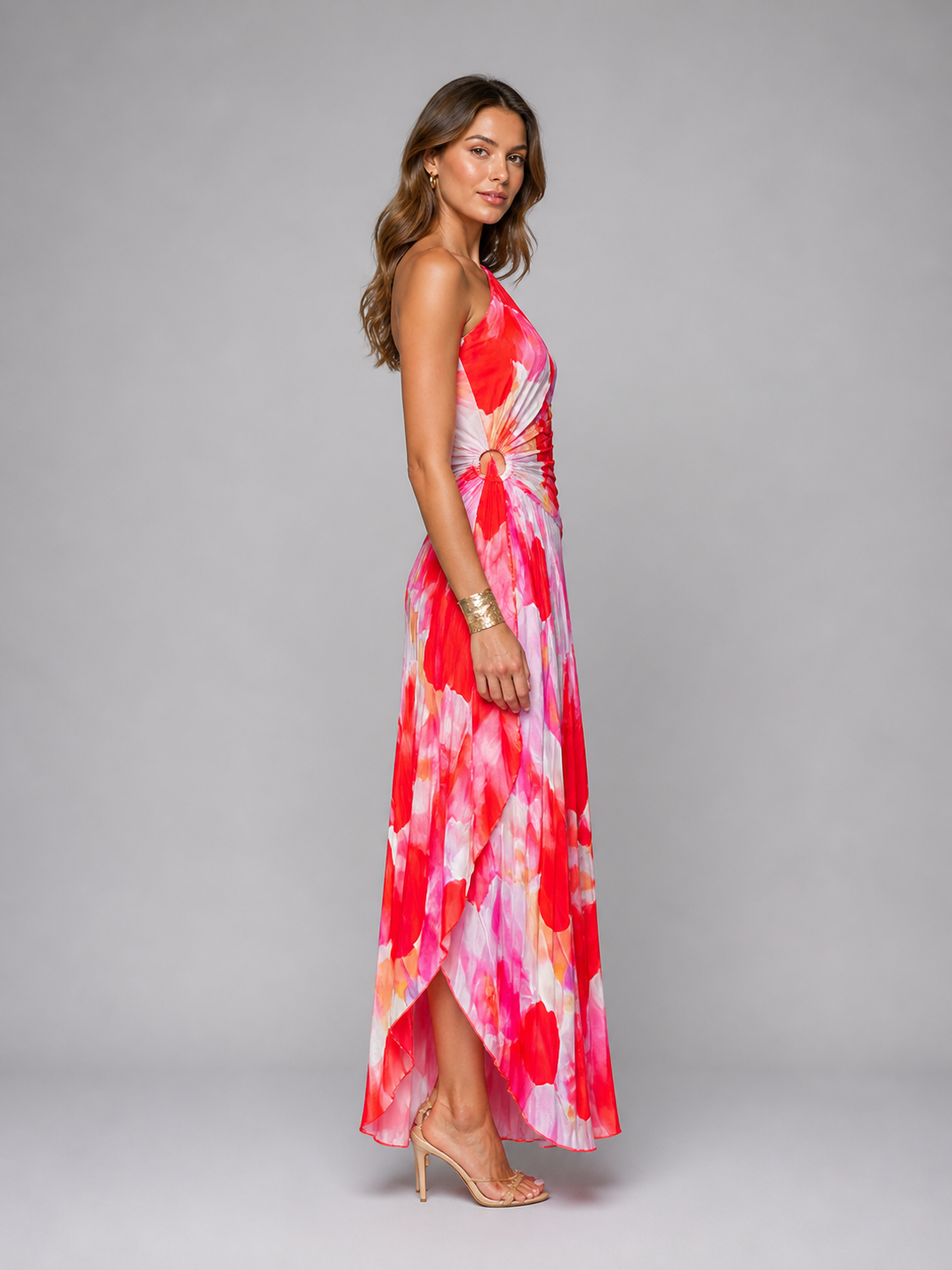 Women's One-Shoulder Pleated Maxi Dress with Floral Print