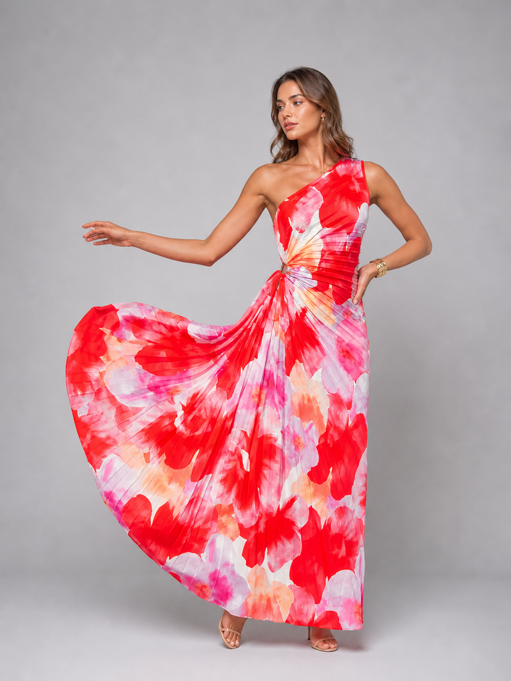 Women's One-Shoulder Pleated Maxi Dress with Floral Print