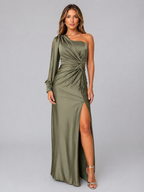 Women's Draped One-Shoulder Satin Maxi Dress