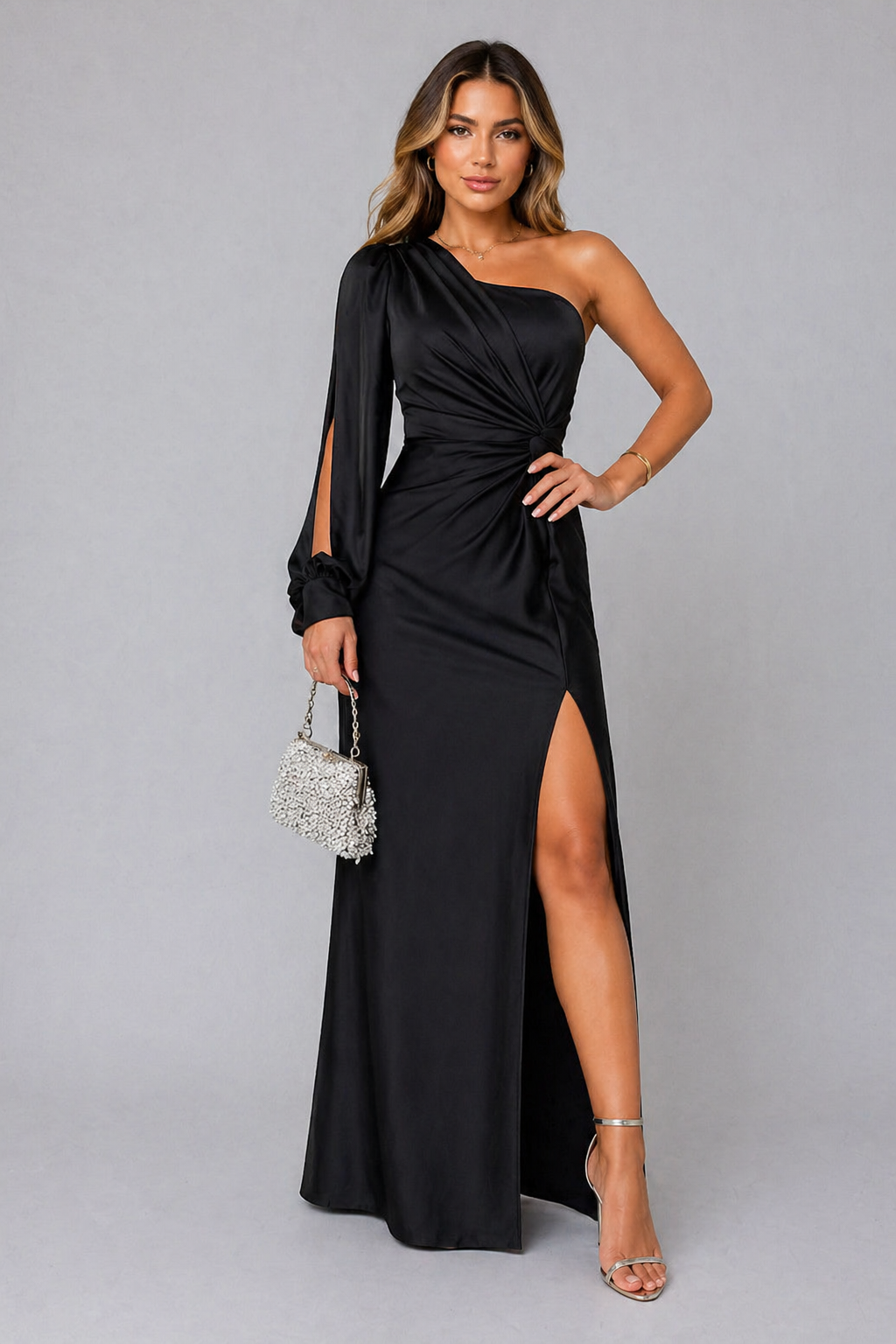 Women's Draped One-Shoulder Satin Maxi Dress