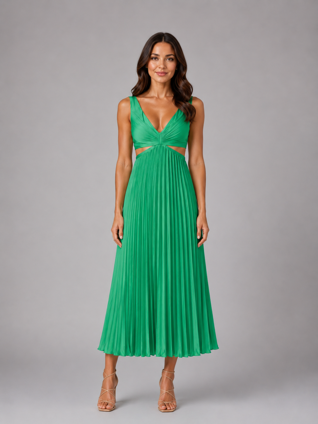 Women's Pleated Cut-Out Midi Dress for Evening Occasions