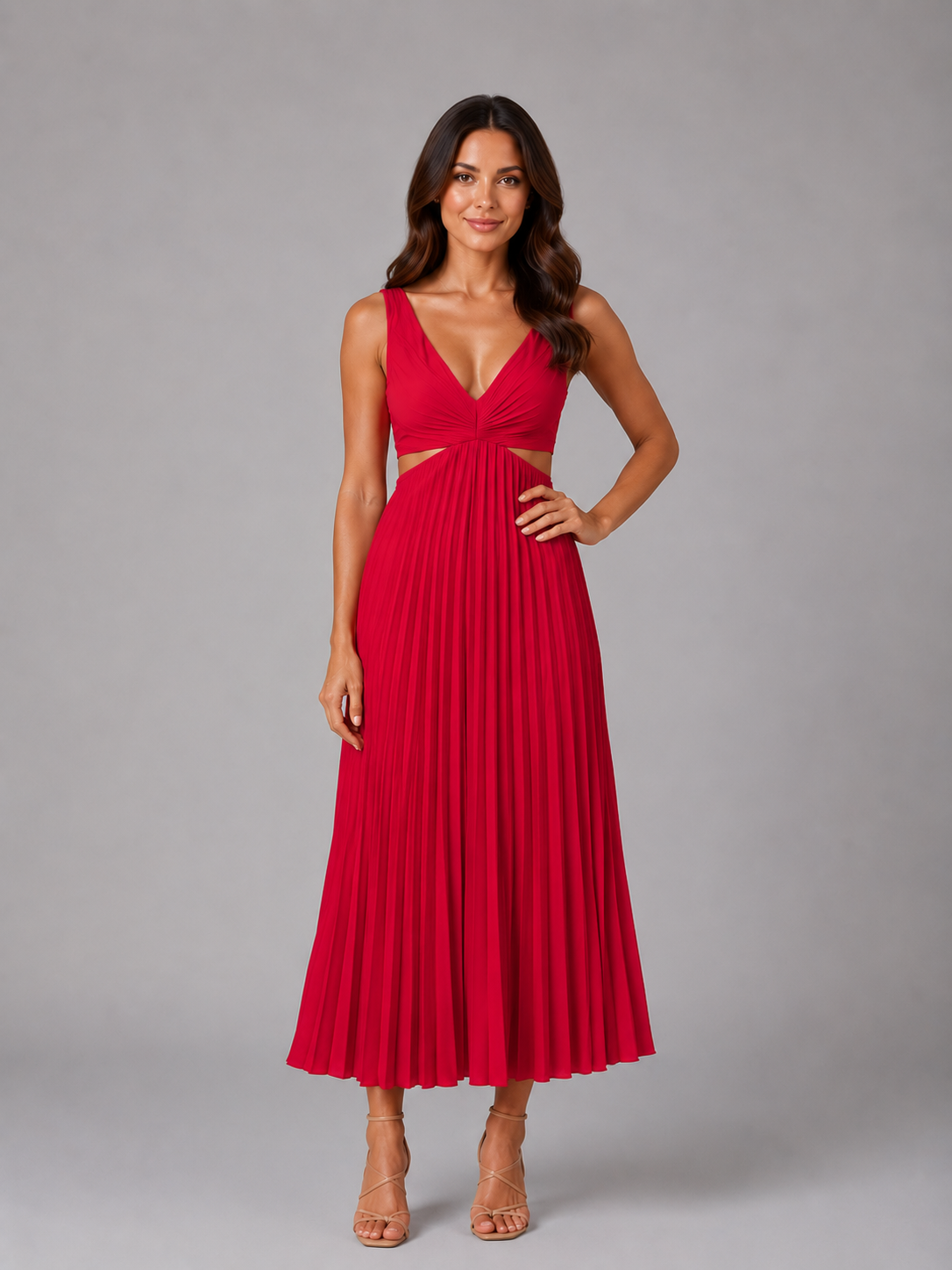 Women's Pleated Cut-Out Midi Dress for Evening Occasions