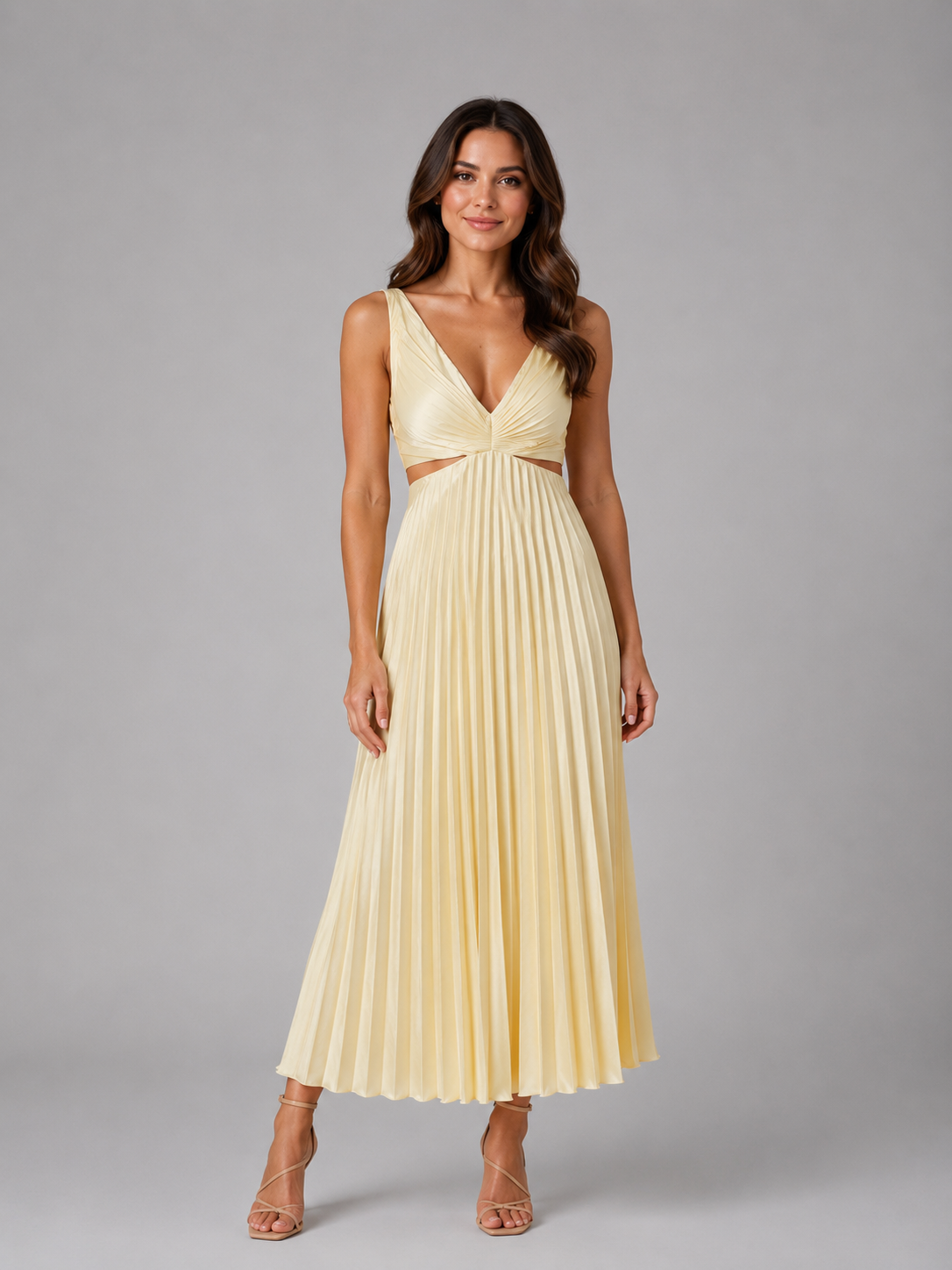 Women's Pleated Cut-Out Midi Dress for Evening Occasions