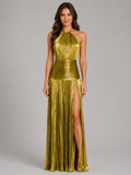 Women's Pleated Halter Maxi Dress with High Split
