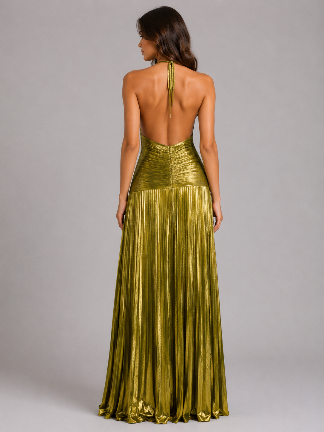 Women's Pleated Halter Maxi Dress with High Split