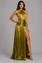 Women's Pleated Halter Maxi Dress with High Split