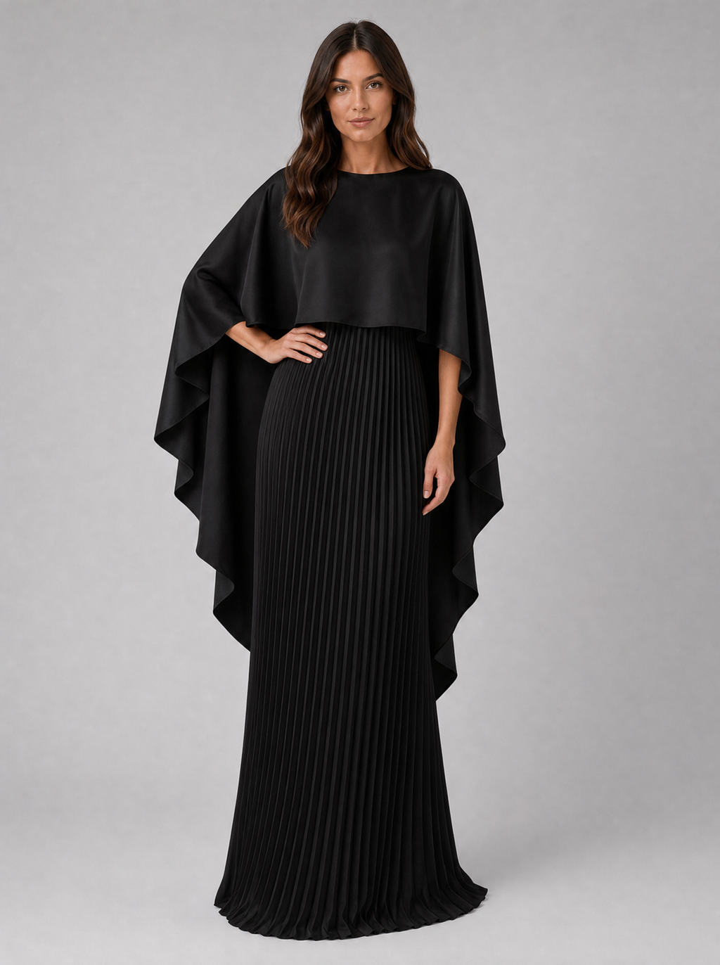 Women's Pleated Maxi Dress with Cape Sleeves