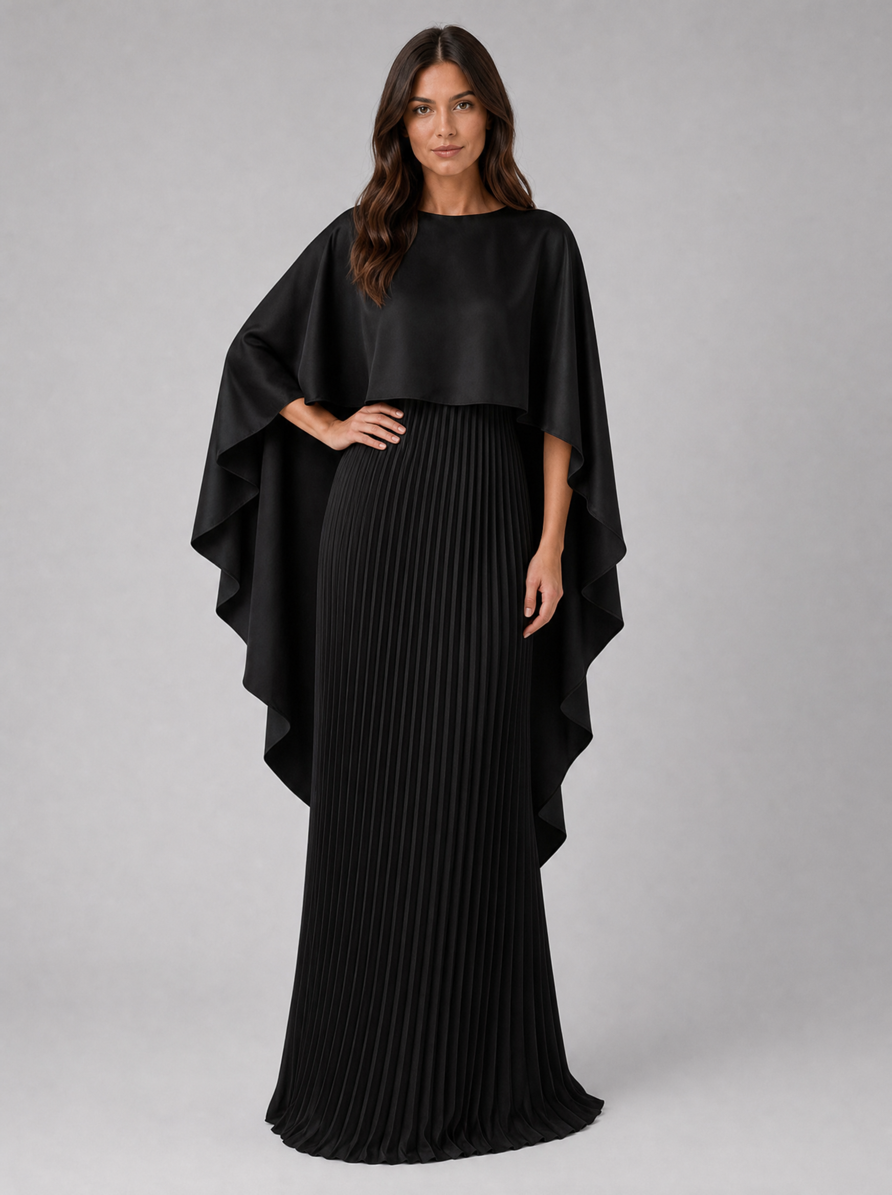 Women's Pleated Maxi Dress with Cape Sleeves