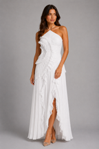 Women's Pleated Halter Maxi Dress with Ruffle Detail
