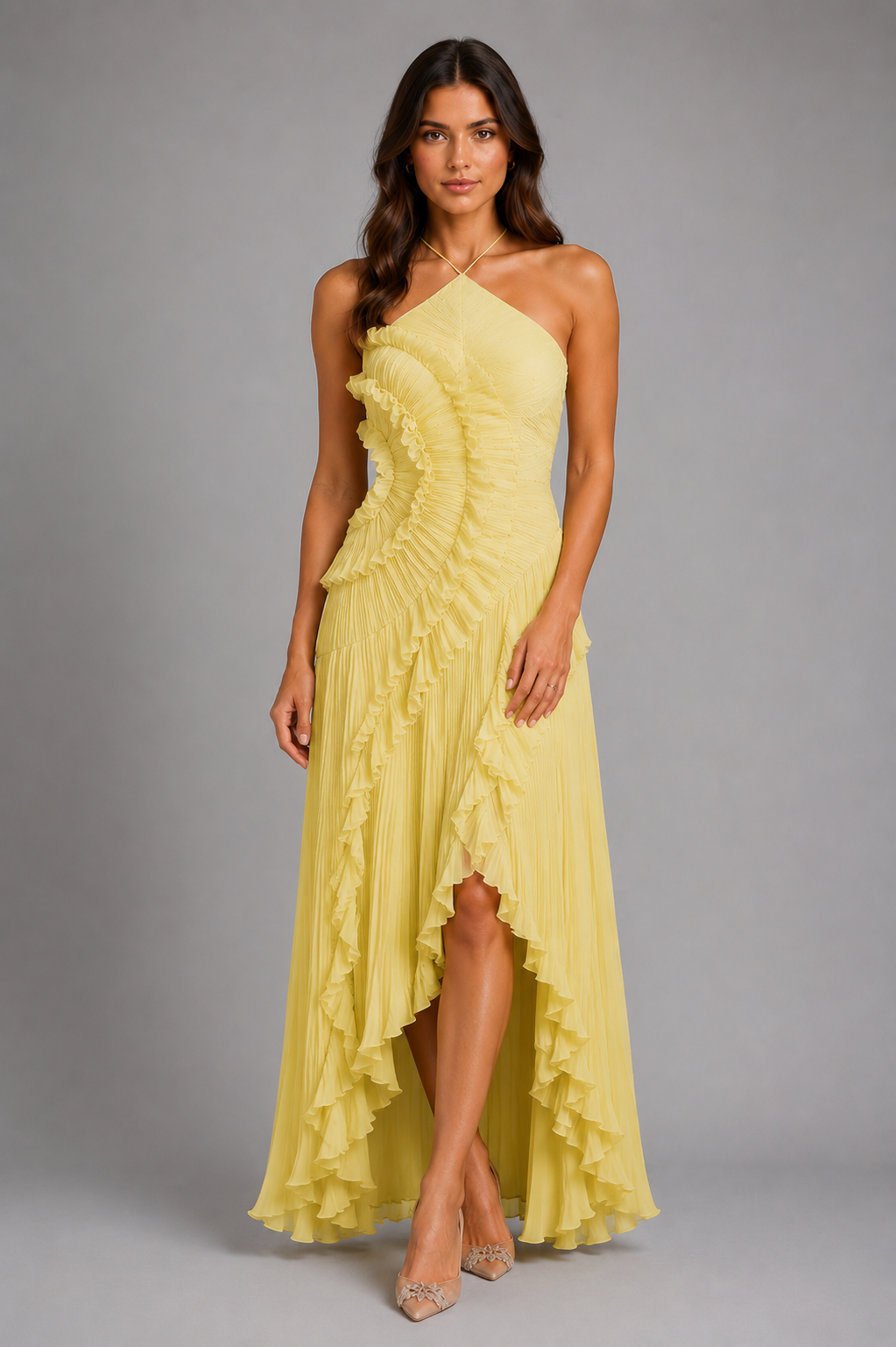 Women's Pleated Halter Maxi Dress with Ruffle Detail