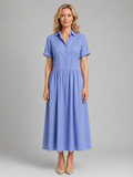 Women's Pleated Shirt Midi Dress with Pockets