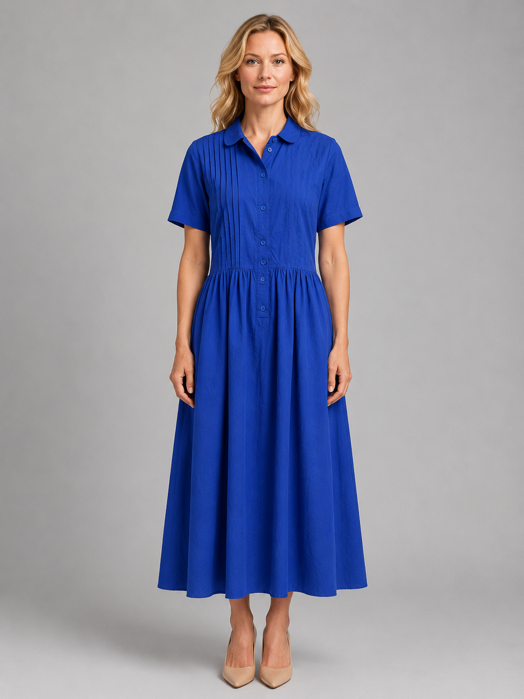Women's Pleated Shirt Midi Dress with Pockets