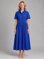 Women's Pleated Shirt Midi Dress with Pockets