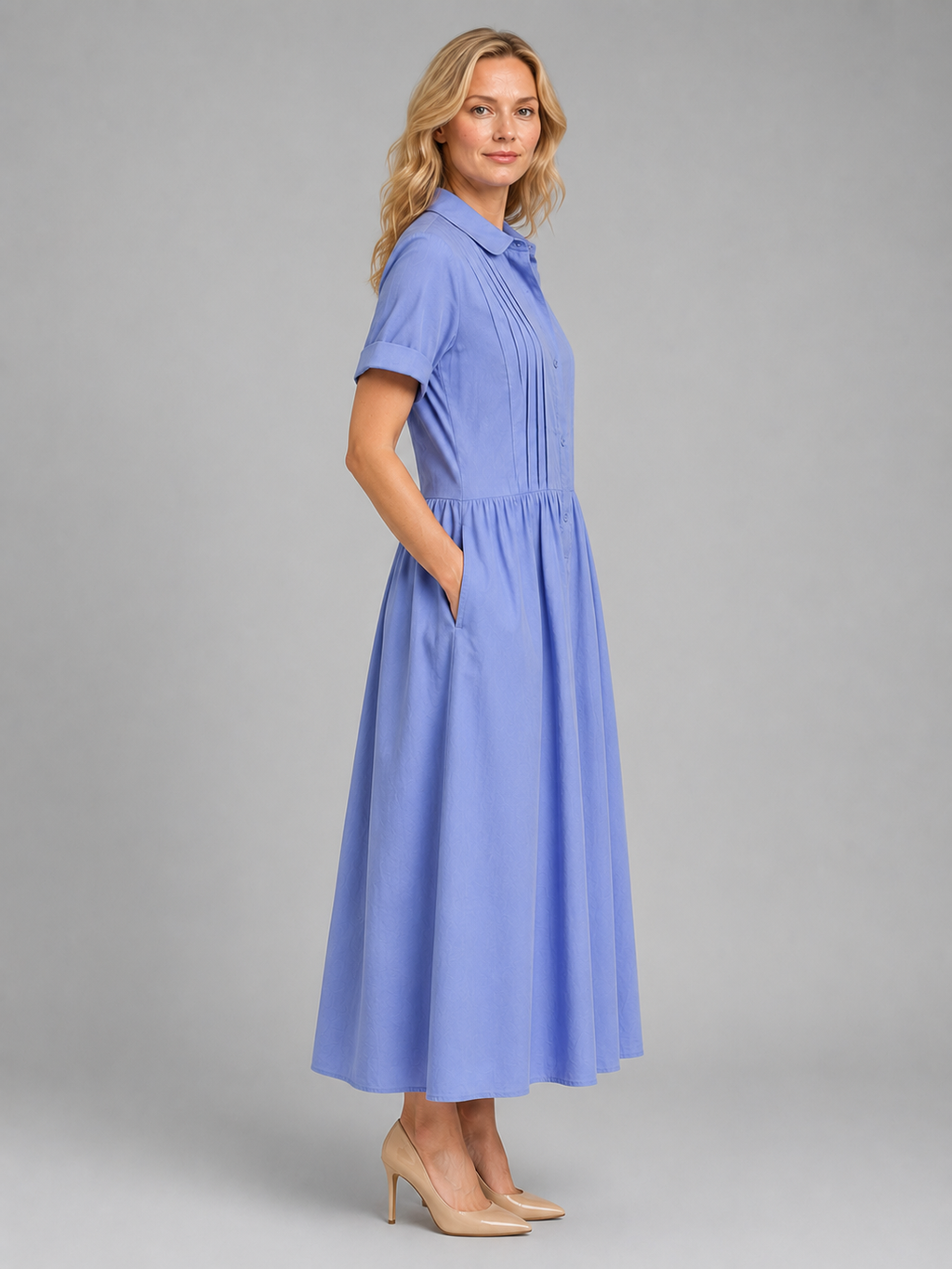 Women's Pleated Shirt Midi Dress with Pockets