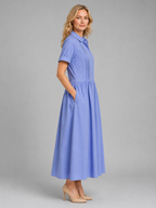 Women's Pleated Shirt Midi Dress with Pockets