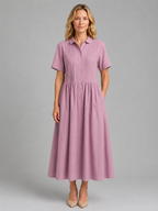 Women's Pleated Shirt Midi Dress with Pockets