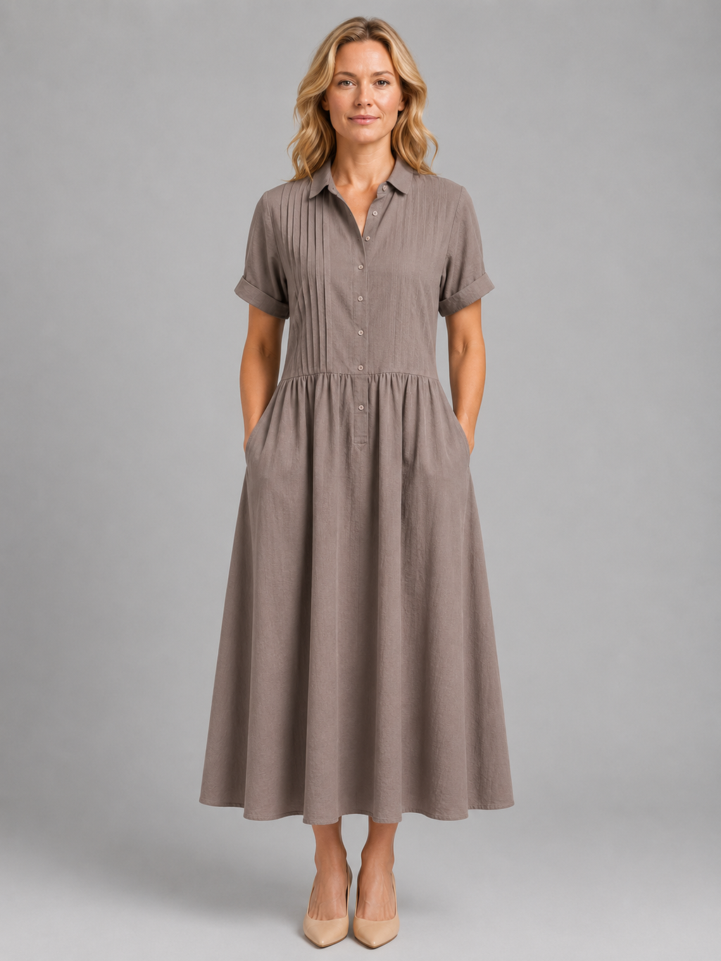 Women's Pleated Shirt Midi Dress with Pockets