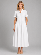 Women's Pleated Shirt Midi Dress with Pockets