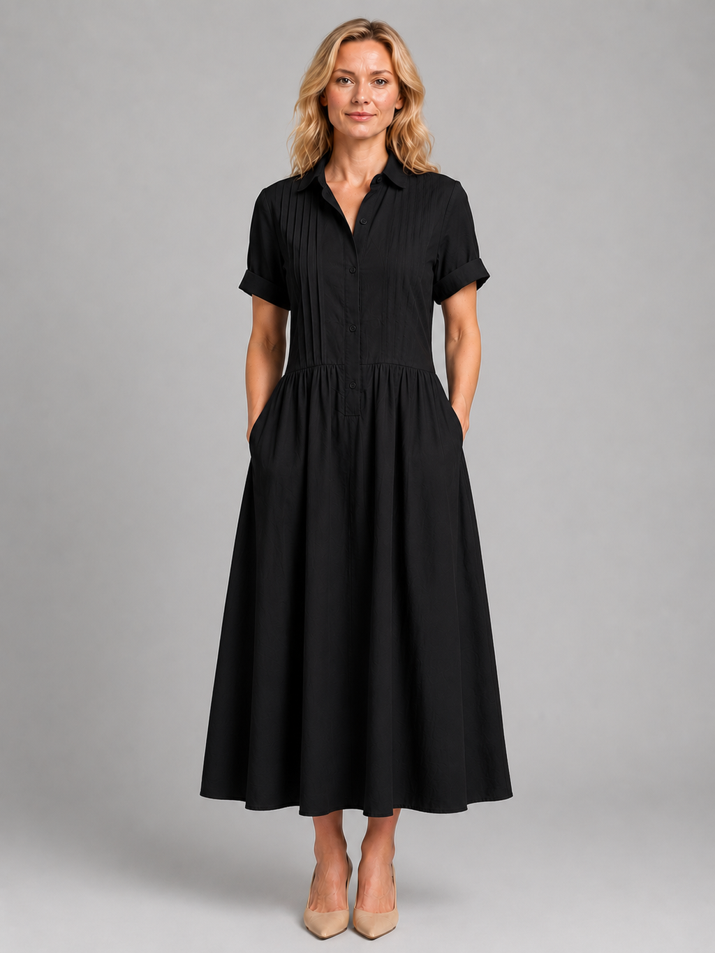 Women's Pleated Shirt Midi Dress with Pockets