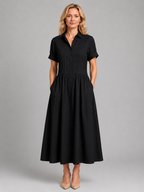 Women's Pleated Shirt Midi Dress with Pockets