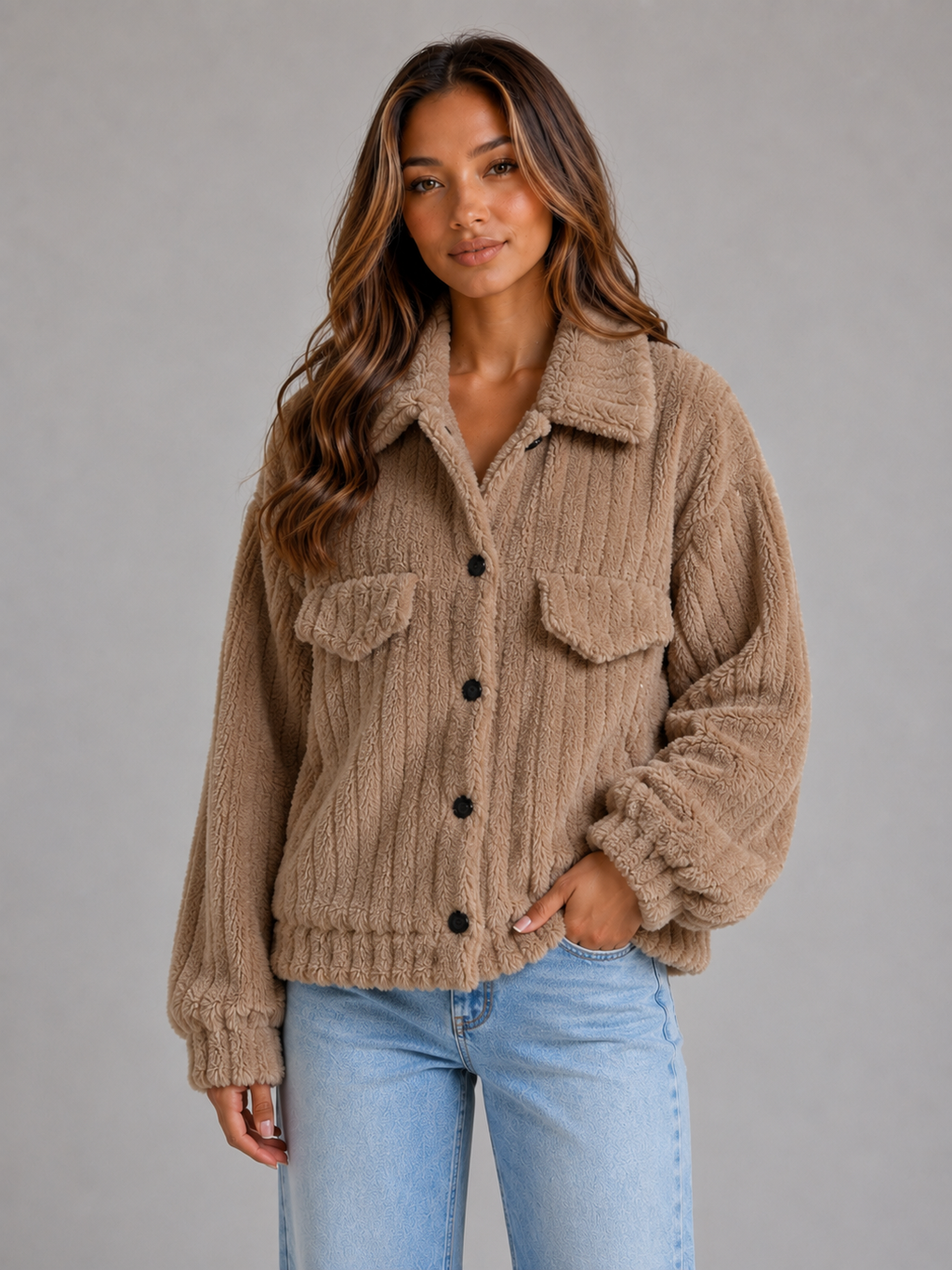 Women's Plush Teddy Collared Jacket