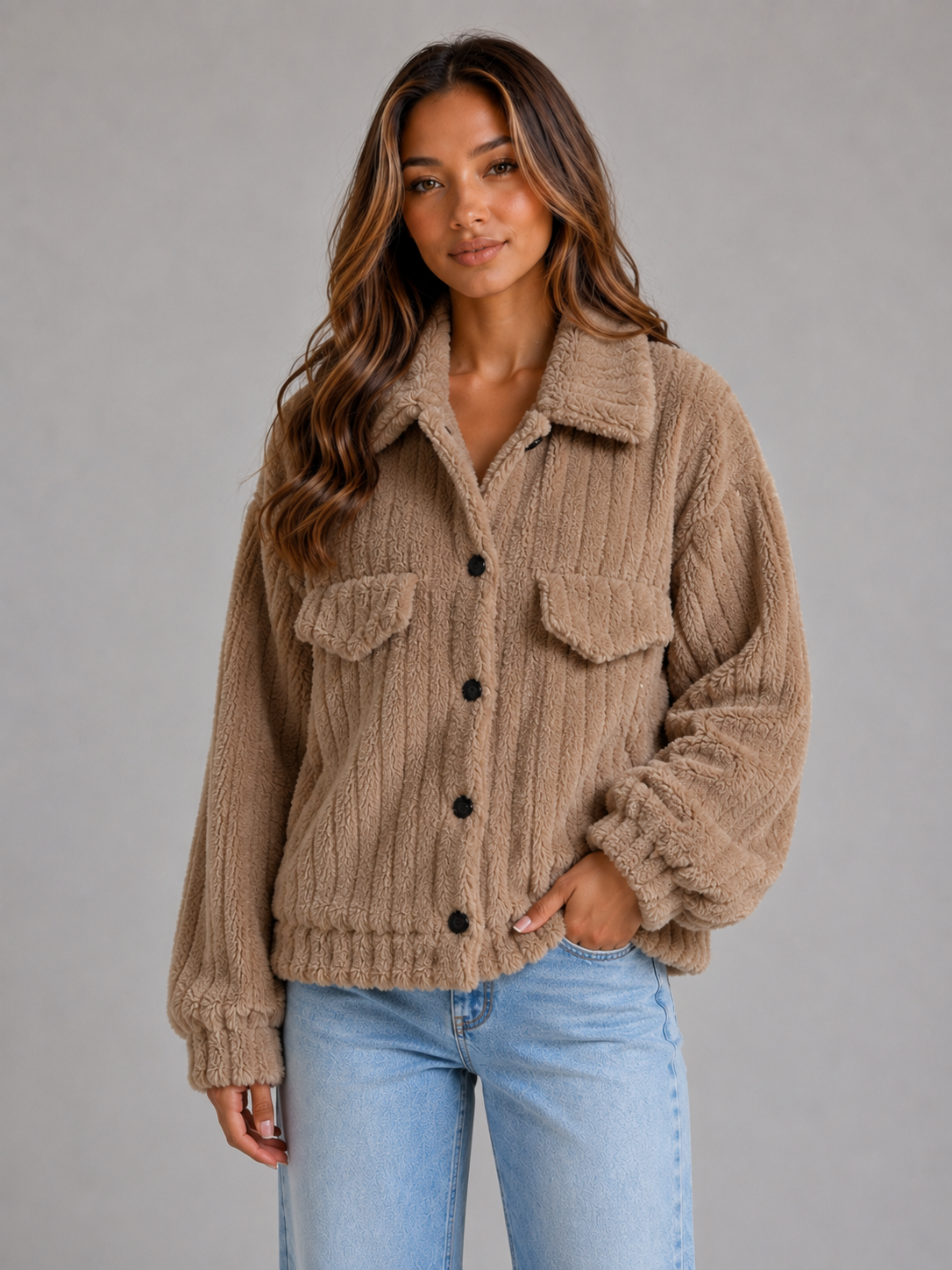 Women's Plush Teddy Collared Jacket