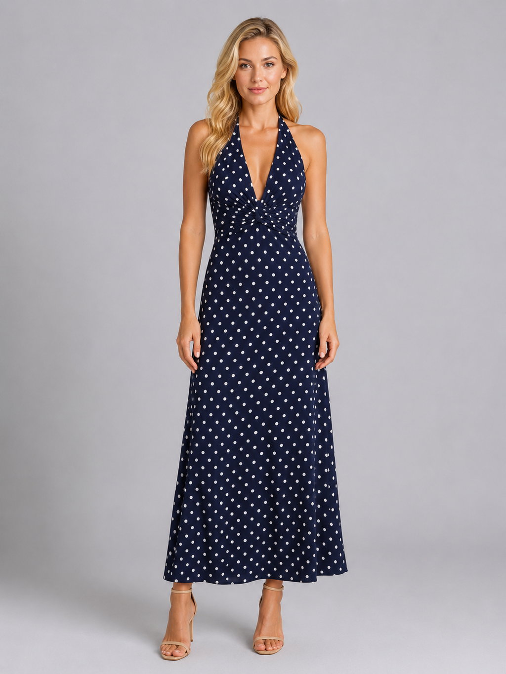 Women's Polka Dot Halter Maxi Dress for Summer Occasions