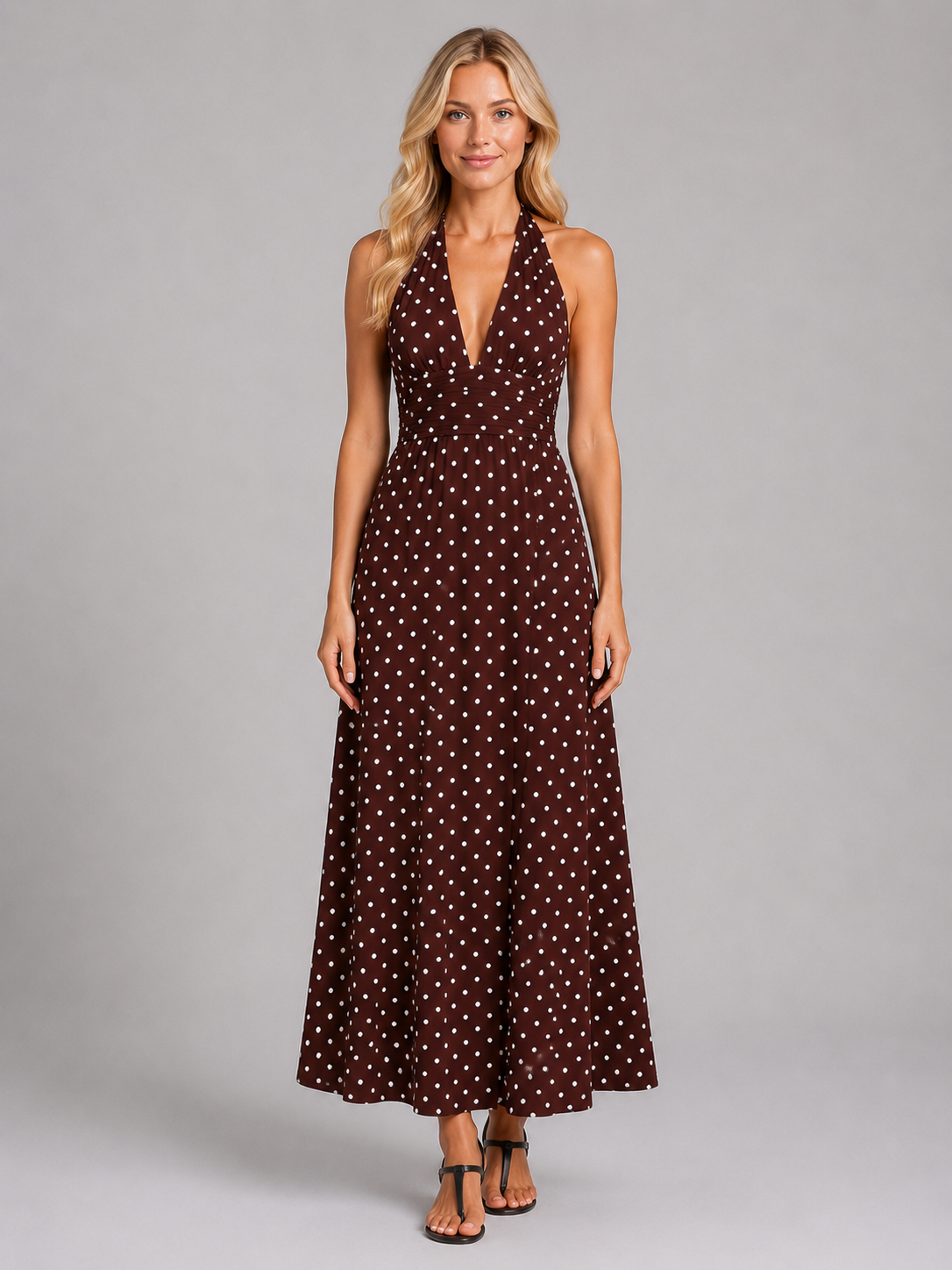 Women's Polka Dot Halter Maxi Dress for Summer Occasions