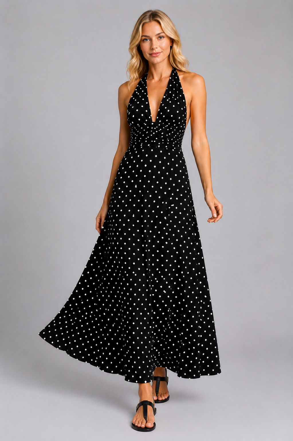 Women's Polka Dot Halter Maxi Dress for Summer Occasions