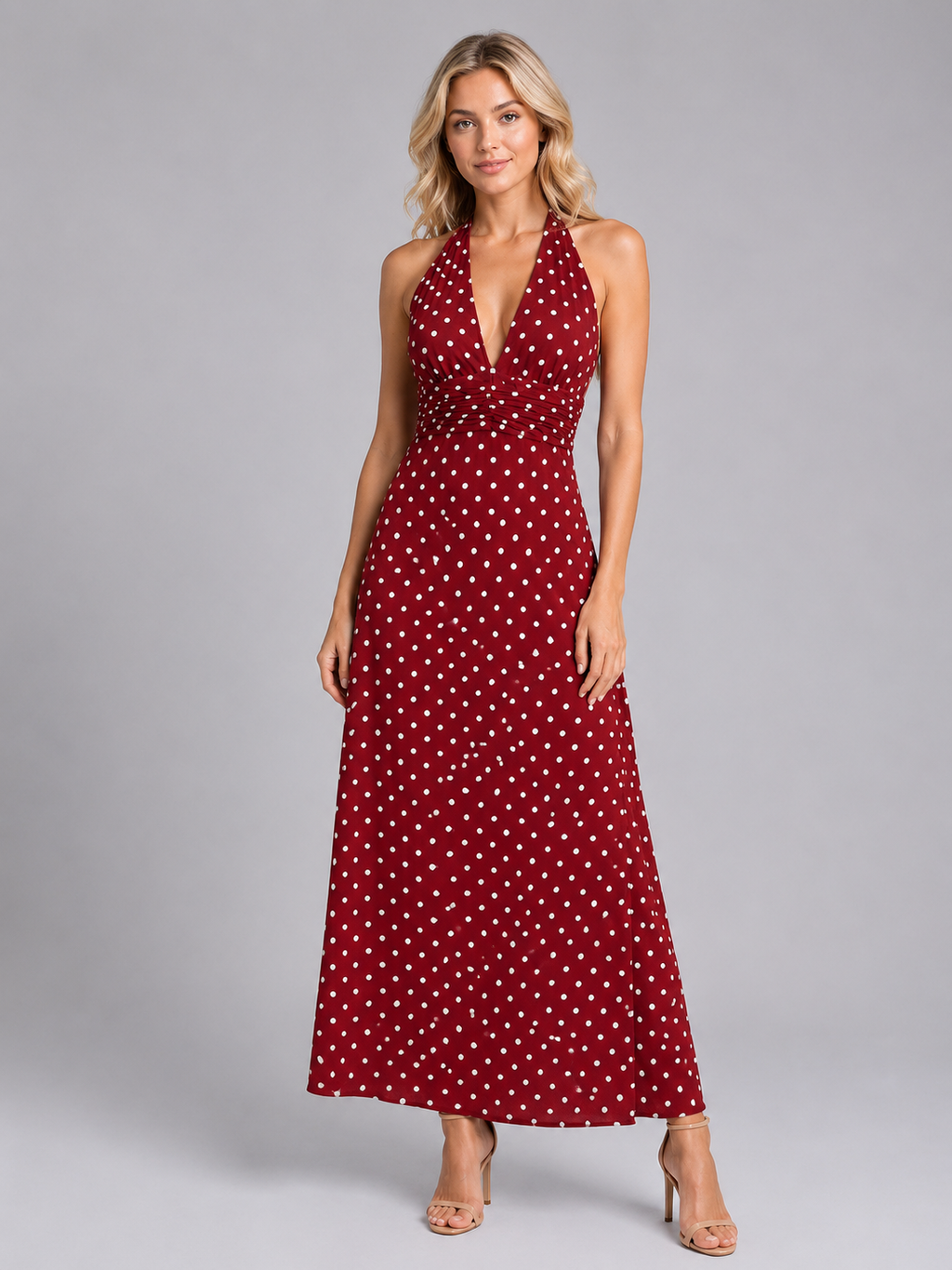Women's Polka Dot Halter Maxi Dress for Summer Occasions