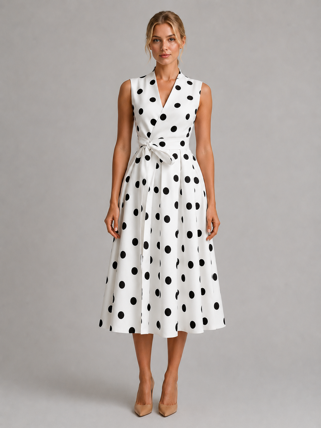 Women's Polka Dot Midi Dress with V-Neck