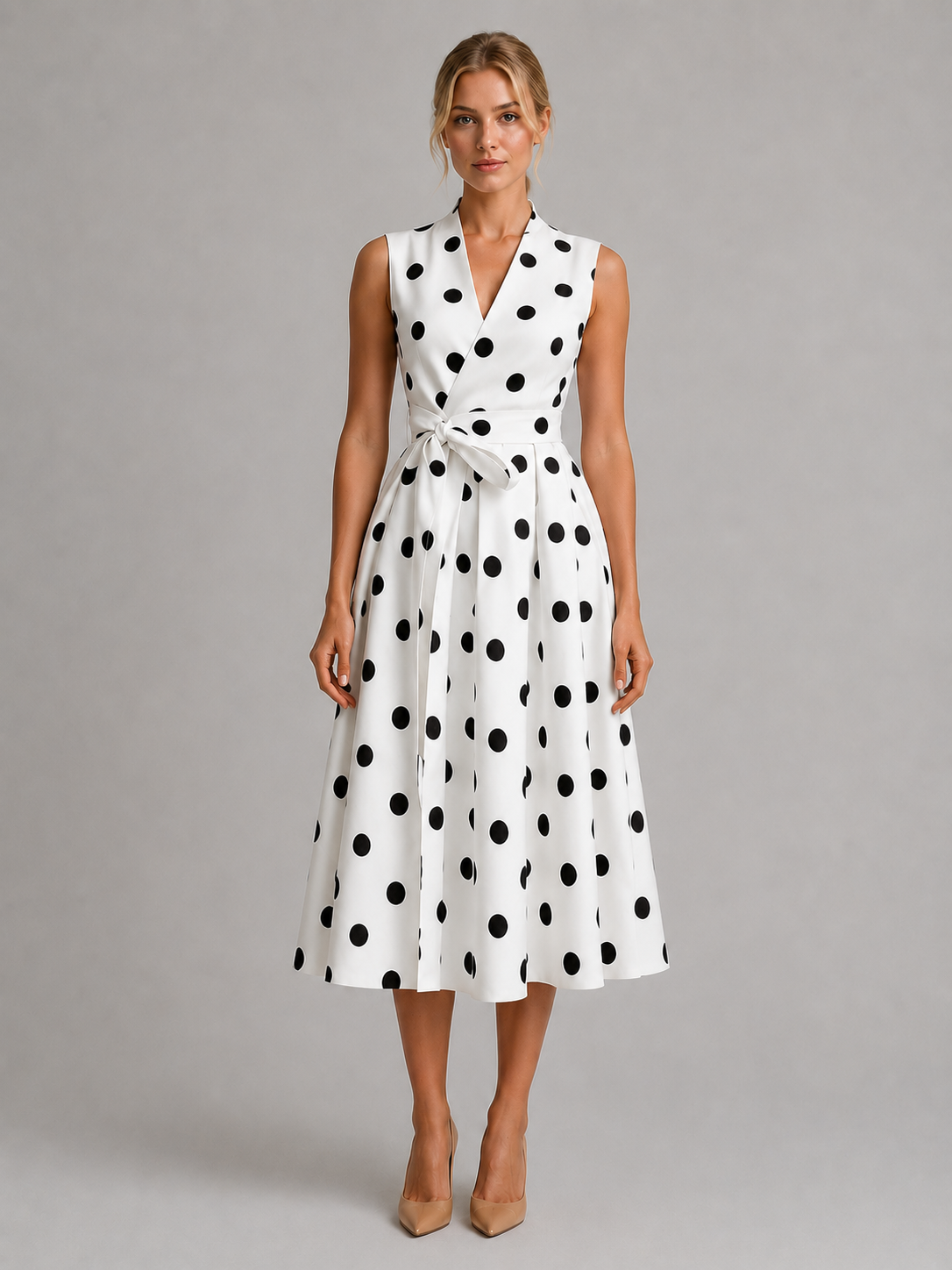 Women's Polka Dot Midi Dress with V-Neck