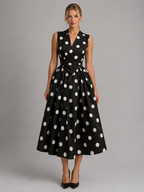 Women's Polka Dot Midi Dress with V-Neck
